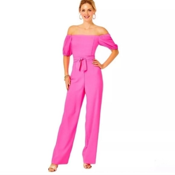 Lilly Pulitzer Pants - Lilly Pulitzer Jada Jumpsuit 14 Pink Isle Off the Shoulder Wide Leg Belted 14